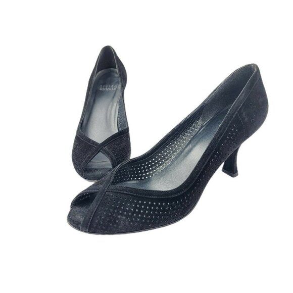 Stuart Weitzman Perforated Black Suede Classic Kitten Heel Pumps Size 7.5M - Picture 1 of 10